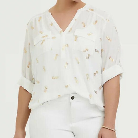 New Torrid Harper White/Gold Pineapple Georgette Pullover Blouse - Picture 4 of 6